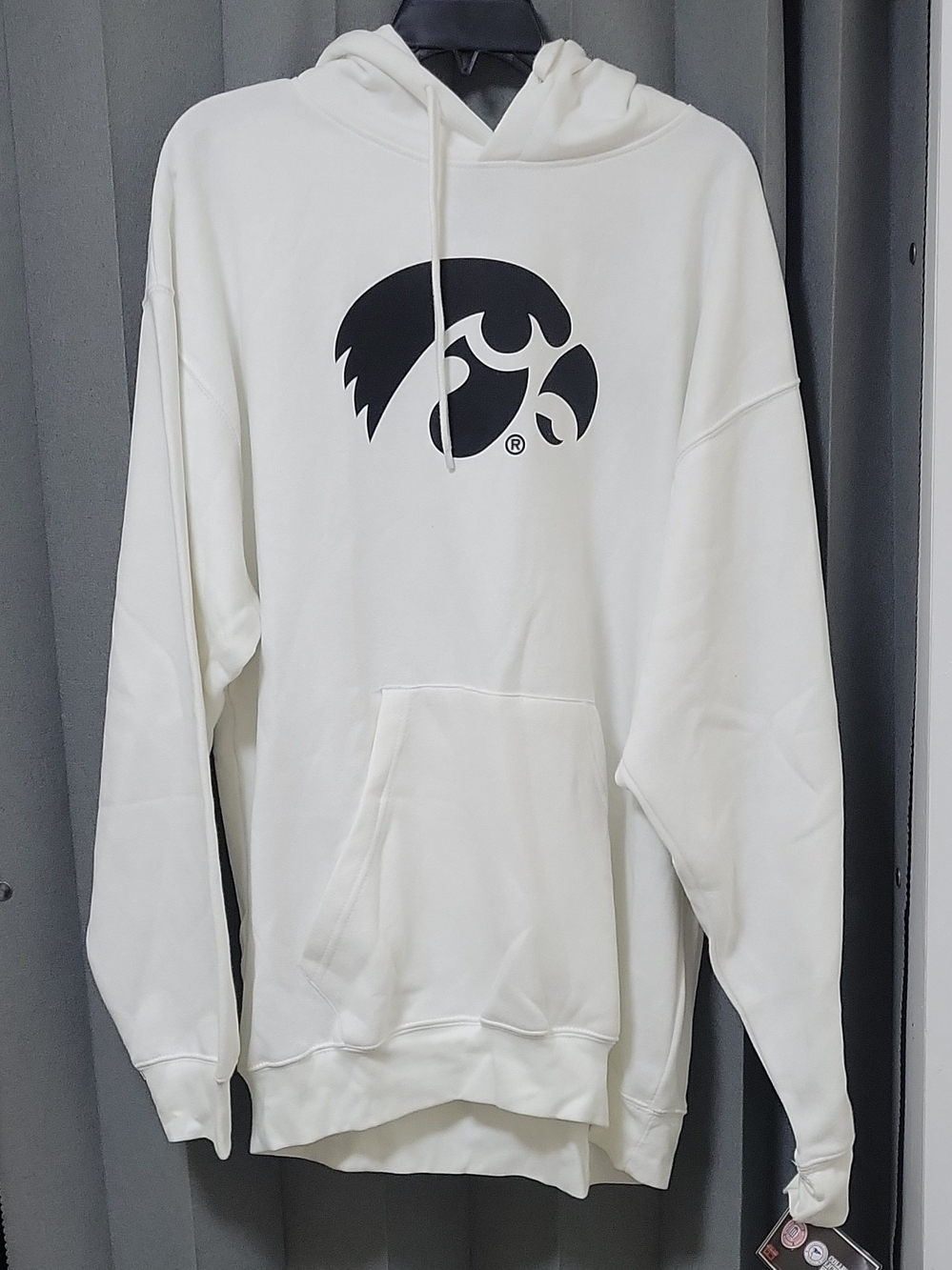 Men's White Pullover Hoodie with Black Chest Emblem
